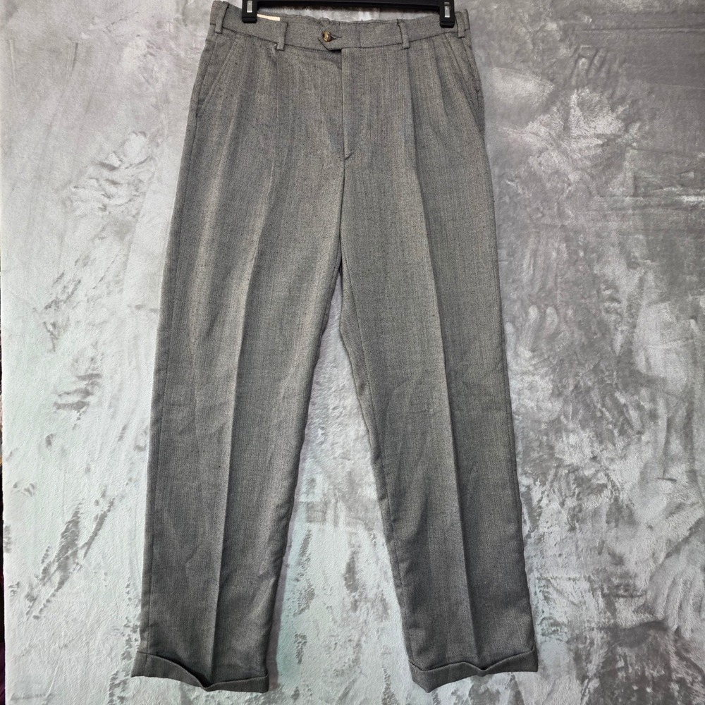 Vintage Sansabelt System Mens Grey Herringbone Pleated Cuffed Dress Pants 34x31